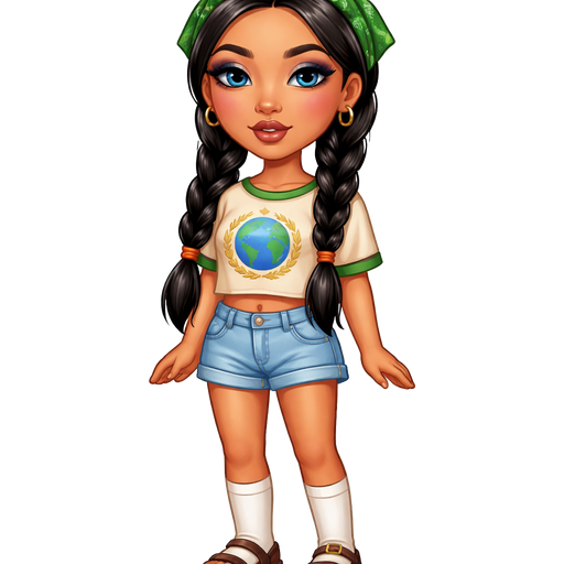 Granola Crunch With a Medium-Tan Cool Medium Beige Skin Tone and a Heart Shaped Lip Shape With a Cinnamon Brown Lipstick Set Up and a Midnight Blue Glow Eyeshadow with a Straight Eyebrow and a Downturned Eye Shape With a Long Face Shape and Black Hair in Two Braids with Orange Rubber Bands Wearing a Green Bandana with Classic Natural Eyelashes Wearing a Beige Shirt With Lining on the Neck-Line and the Sleeves and a Printed Picture of a Blue Globe Made out of Squares With Two Gold Laurels on Each Side Wearing Light Blue Denim Shorts Wearing Long White Socks and Brown Two Strap Sandals With a Mature Adult Toned Build and Luxury Glossy