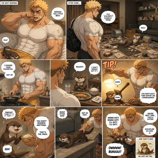 Structure and Young Adult BARA CUTE that is Peach Toned skin not anything else MALE not to detailed With bigger than average Pecs that are visible through the shirt and Biceps and a big Bandaid on his nose and Left Cheek and Right Eye brow with Scars all over his Chest and arms and Is so Big that he stretches his shirt. Wearing a White Baggy Top that is tight around the waist and Athletic shirt drenched in sweat and Short and yellowish orange Hair and Bright Gold Fluffy Hair and Strait with brown eyes and black eyebrows with a Three finger Slash on his Eyebrow. With no Facial Hair. Waking up in the morning in pajamas and his pet baby otter that talks like a baby but Excessively bully’s it. And when he comes back from work he sees the otter right we’re he left him with trash around him and made a mess. He makes dinner and the Otter doesn’t even eat dinner and cries. And he Tips lamp over and Every food the otter doesn’t eat th e Otter doesn’t even eat dinner and cries. And he Tips lamp over and Every food the otter doesn’t eat there are is discipline. and asks for some and the looses a tail and tries to run under the couch but stops him. And the otter Receives Discipline that.