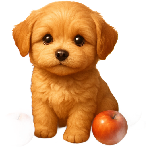 Create a realistic 3D emoji of a Maltipoo puppy sitting among red and green apples at an autumn market. The puppy has a light caramel coat and baby-face expression, surrounded by wooden crates and a few scattered leaves. Style: Apple emoji 3D style, glossy shading, warm golden light. Mood: cheerful, rustic, cozy autumn day.
