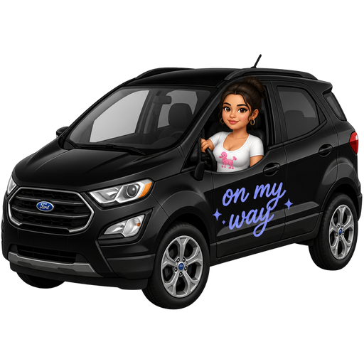 Black 2020 Ford Eco sport with Selena Gomez in the front seat driving and showing off some cute small cleavage in a poodle T-shirt, there is a periwinkle decal on the driver side door that says on my way