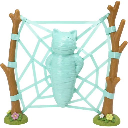 #B8FFFF duct tape mummy-like-cocoon cat entombed wrapped up and mummified fully covered in a #B8FFFF duct tape cocoon shaped like cat with arms behind back with #B8FFFF duct tape wrappings completely covered with thick layers non-transparent #B8FFFF duct tape wrappings #B8FFFF on a giant spider web made of #B8FFFF duct tape between two branches (sylvanian Families)