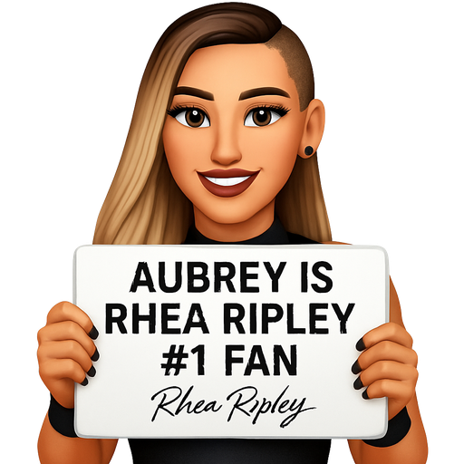 How Rhea ripley looks now with her long hair holding a sign that says Aubrey is Rhea ripley #1 fan by Aubrey Prado an it had Rhea ripley signature in it