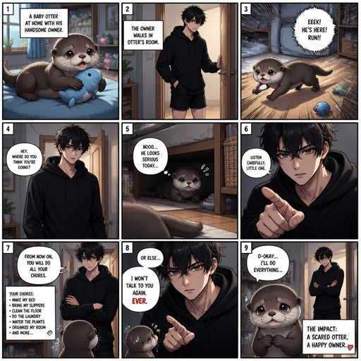 A comic book Picture by picture and shows impact of a A baby otter at the house and his male Cute and Handsome wearing a Black Hoodie and Shorts owner the owner. The owner walks in the otter’s room and the otter runs away from the owner. And the owner orders the otter to do all his chores or he won’t talk again