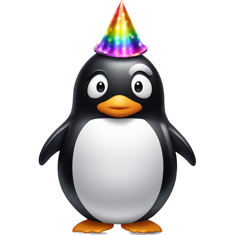 A penguin wearing a party hat standing in front of a disco ball in the background on the left hand side