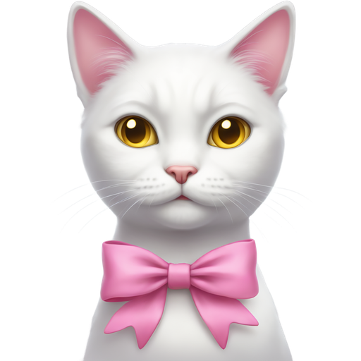 A white cat with pink pointy ears, yellow eyes, has a big pink bow around her neck, she is stitting down but you can see her whole body, she is slim and not fluffy more soft