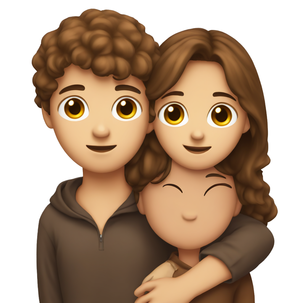 A boy with brown hair and brown eyes hugging her girlfriend with brown hair and hazel eyes, and let this look like a Apple emoji