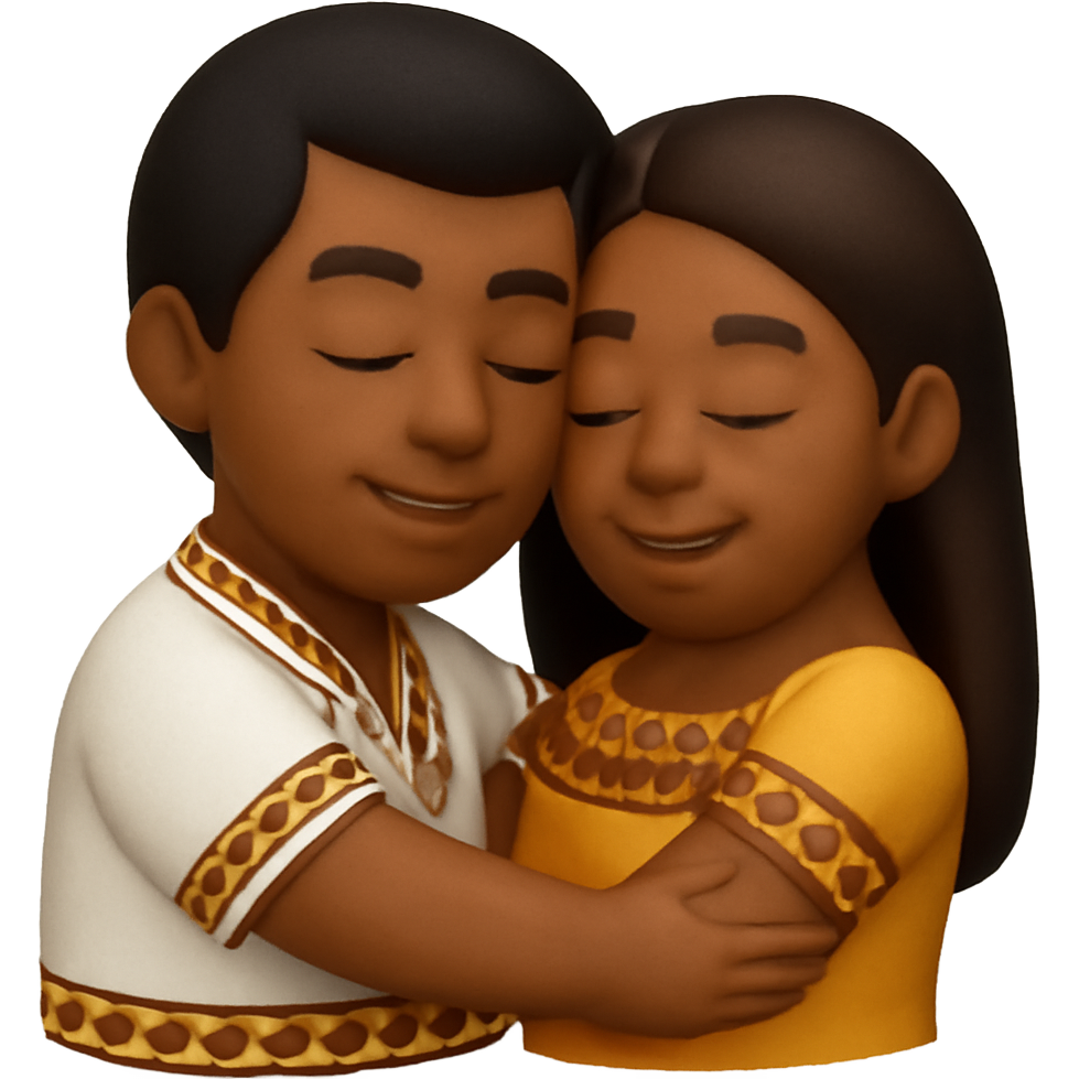 Brown Fijian man with black hair in Fijian clothing hugging a brown Fijian woman with straight hair in Fijian clothes