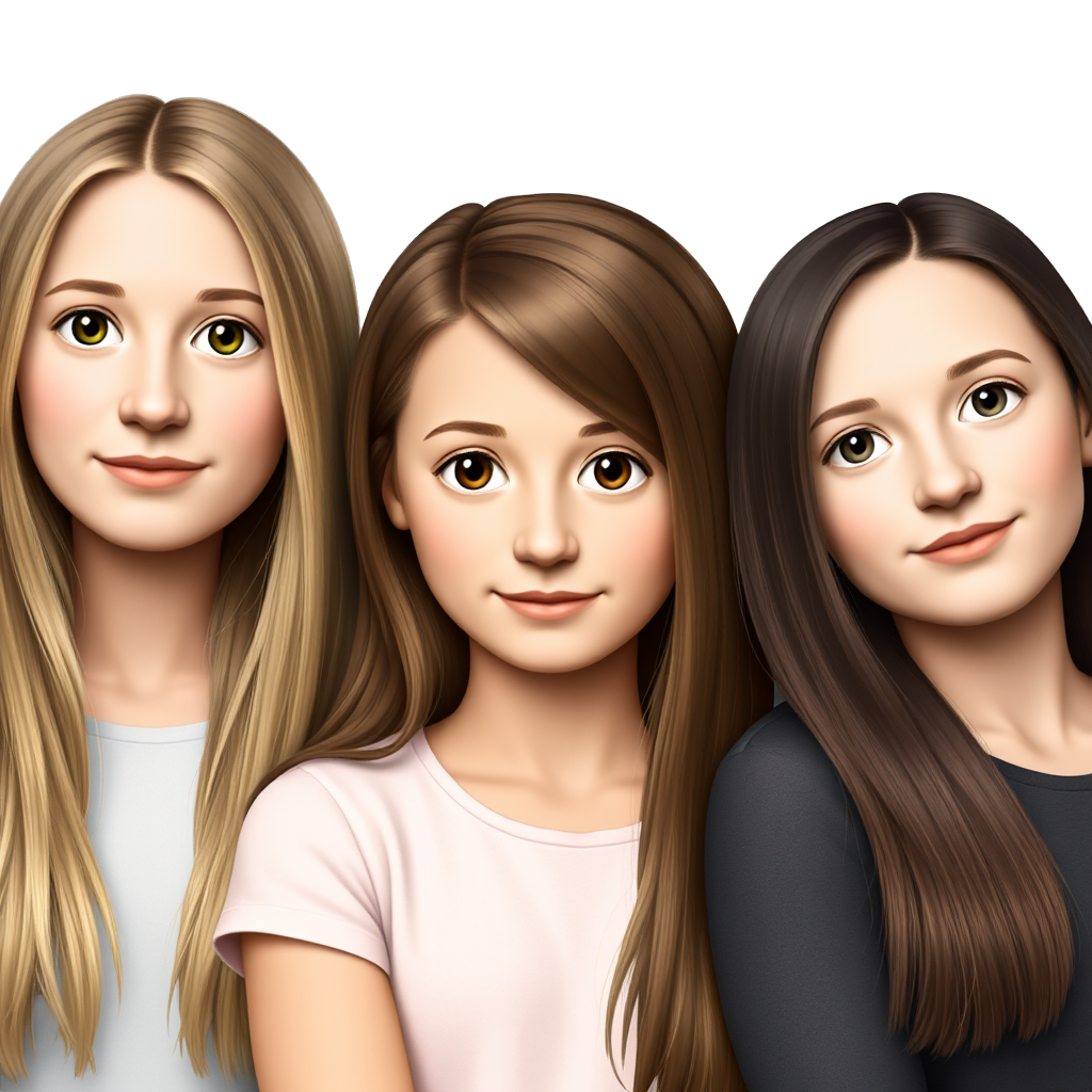 Three 14 year old girls, first with long dirty blonde hair and green eyes, second with long brown hair and hazel eyes, third with shoulder length dark brown hair and blue eyes