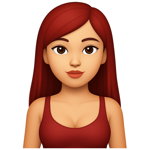 20 year old girl. deeb red hair. Light skin color. Wearing a deeb red top. Skinny big breasts. Thin almond brown eyes. Small nose and full lips.
