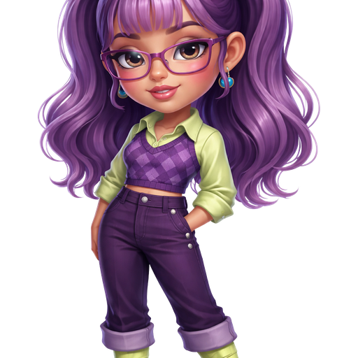Plum Pudding with a Medium-Tan Cool Medium Beige Skin Tone with a Uni-Lip Shape with a Moonstone Eyelash Setup Completing the Look with a Guest List Lipstick Finish with a Neutral Pastel Blue Eyeshadow with a Upturned Eye Shape and a Base-Down Triangle Face Shape with Purple Hair and the Bangs having Light Purple Highlights with a Half-Up-Half-Down Hairstyle in Two Ponytails with Blue Elastic Bubble Hair Ties Wearing Purple Rectangle Metal Glasses With Rosy Red Cheeks also Wearing a Lime Green Button-Up Long Sleeve Shirt with the Bottom of the Sleeves Rolled up With a Short Purple Sweater and A Dark Purple Diamond Checkerboard Pattern Wearing Dark Purple Pants with a Silver Button on the Side and the Bottom of it Rolled up with Long Lime Green Rolled Up Socks and Dark Purple Flats adding a Voluminous Glazed Complexion with a 3D Naturalistic Animation and a Mature Adult Toned Build with Luxury Glossy and Refined Pristine Set Up With a Theatrical Appearance