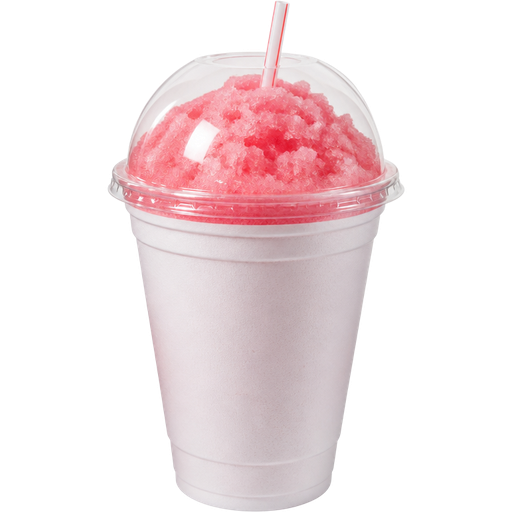 Pink Lemonade Watermelon Soft Shaved Ice Slushie in a White Plastic Cup and Plastic Dome Lid with a Straw Mixed in with Extra Syrup