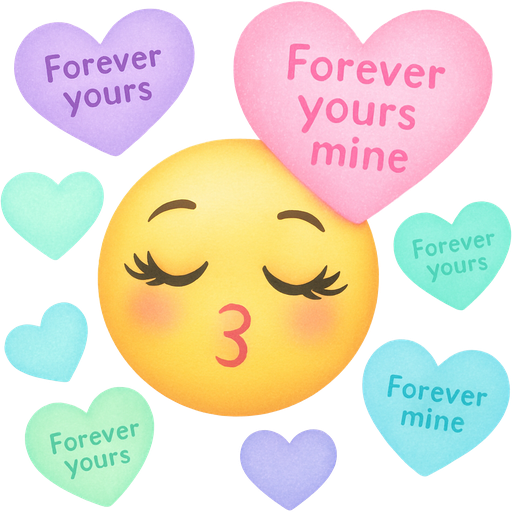 A smiley with long eyelashes, who makes kiss mouth, with hearts in all colors around, in every heart I need this text “Forever yours Forever mine” and make the Pink sparkling heart the biggest heart, colors pink, lavender, teal, mint green, bright, beautiful green eyes emoji