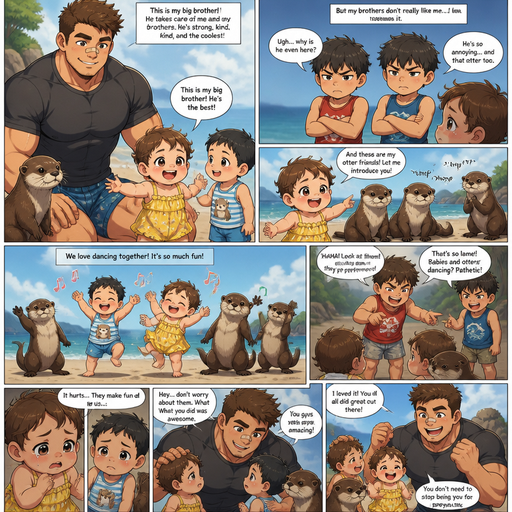 DETAILED AND LIFELIKE show everything and picture Long and detailed anime Comic Book story view of a Bulky but Muscular ANIME Cute Bara Man With Peach toned skin Who looks Normal aind round facial Structure and Basic facial structure With Puffy and Big Pecs that are visible through the shirt and Biceps and Bandaid on his nose and Brown short hair that makes them look tough. Wearing normal With his pet Grown and healthy realistic otter and 2 little brothers that despises the baby and the baby knows and baby that are in different ages but young. The baby is with his best friend baby on a play date and they are wearing cute summer clothes and the baby tells the baby‘s best friend and the otter Introduces his friends at the beach and there art 3 otters and Baby’s and they perform a fun dance routine. Amd it‘s childish and they make funnof them for it and it hurts so much but big bro loved it