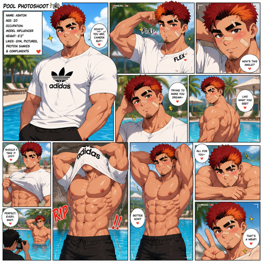 A Full page Anime Comic book story about of a masculine and Bulky ANIME Cute Bara Man American 20 year old with a ROUND and BASIC facial structure and TENAGE BARA CUTE MALE not to detailed With bigger than average Pecs that are visible through the shirt and Biceps and a big Bandaid on his nose and Left Cheek and Right Eye brow. Wearing a no piercings Modeling and Wearing a White Baggy Adidas Shirt that is is Tight around the Waist and Shorts and Red Hair and Bright Orange Hair Tips and Strait is wearing a Motorcycle haircut with brown eyes and black eyebrows. Taking Hot, Dreamy and Attractive Photos and flexing. And With Extra Makeup blush UNDER HIS EYES. At Pool Taking Pictures then Taking off his shirt and taking more pictures