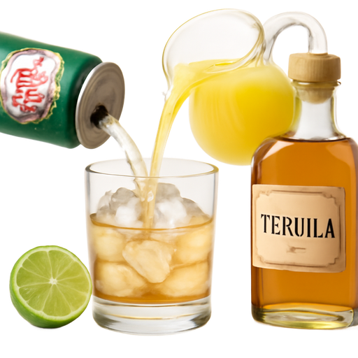 A glass with tequila over ice, with a can of ginger ale and a jug of pineapple juice pouring into it , half a lime and a bottle of tequila next to it