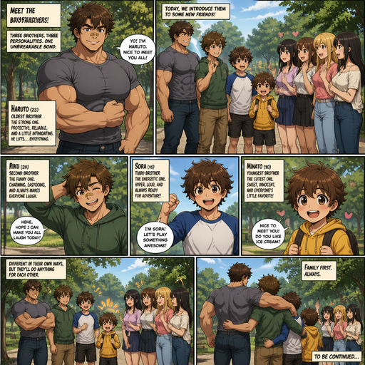 A Full Body Comic Book story view of a Bulky and hunky ANIME Cute Bara Man With Peach toned skin Who looks Normal and round facial Structure and Basic facial structure With Puffy and Big Pecs that are visible through the shirt and Biceps and Bandaid on his nose and Brown and fluffy hair. Wearing normal clothes. And the comic introduces each of his 3 Cute brothers to a bunch of girls and you can tell there related. and the oldest is the strongest and biggest and looks a little bit more masculine of them each with different personalities at the park