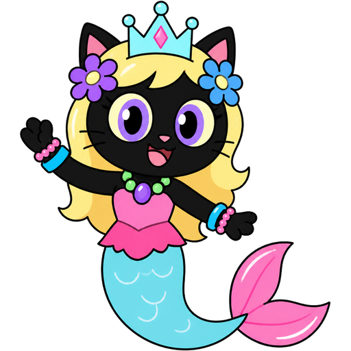 black cat with light yellow hair purple and blue flowers light cyan crown purple and green necklace pink and blue bracelets pink dress attached to long light cyan mermaid tail with white highlights with pink tail fins with white highlights in cartoon network styles 1 mighty magiswords 2 adventure time 3 unikitty! 4 powerpuff girls 5 we bare bears 6 hi hi puffy amiyumi 7 robotboy