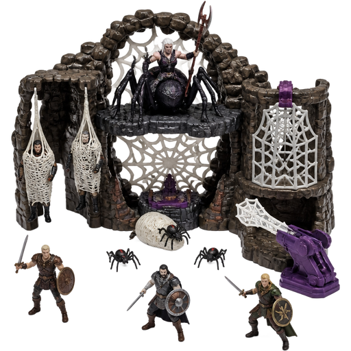 drider's lair playset with 2 spider web cocooned victims 1 drider 3 baby spiders 1 spider cocoon spider web cocoon prison with clip to place your figures 1 spider launcher 1 spider web missile 3 warriors