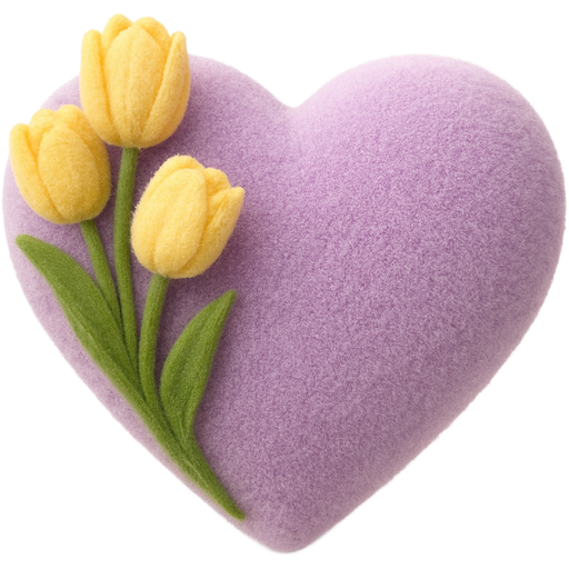 Crée un cœur Lila fuzzy Velvet avec des fleurs tulips 🌷color Amarillo muy claro Fuzzy en un lado textura Velvet
