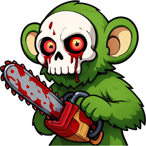 green monkey furry with skull for a head with eyeball covered with fake blood holding a chainsaw covered with fake blood sonic x style