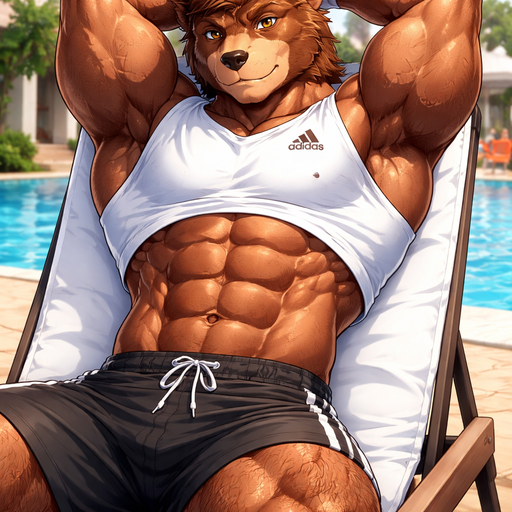 A Full BODY and FACE of Muscular and Buff and a Gigantically Muscular with Chunky Gigantic Pecs AND biceps and a BIGGER head with the Perfect Waist. VERY Masculine and handsome ANIME Animated Young Bara Furry Grizzly Bear with a VERY Good-looking, Detailed and Mature Face and brown eyes with a wrestler type body. In a little bit short around the waist White Adidas Shirt and at a pool party at a Photo Shoot (modeling for a Clothing Brand). Stretching with his arms up on a Lawn Chair