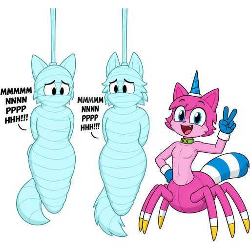 cartoon network version wrapped up and mummified fully covered in a #B8FFFF spider slik cocoon shaped like anthro female fox anthro worried arms behind back with #B8FFFF spider slik wrappings completely covered with thick layers non-transparent #B8FFFF spider slik wrappings hanged to the ceiling MMMMMNNNPPPHHH!!! on the left side next to wrapped up and mummified fully covered in a #B8FFFF spider slik cocoon shaped like anthro female wolf anthro worried arms behind back with #B8FFFF spider slik wrappings completely covered with thick layers non-transparent #B8FFFF spider slik wrappings hanged to the ceiling MMMMMNNNPPPHHH!!! on the left side next to smiling anthro femboy pink cat drider with blue and white tail white wrists blue hands white ankles yellow tips on spider legs green collar blue unicorn horn doing victory sign based on unikitty