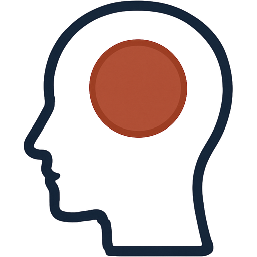 A simple, dark blue outline of a head. Inside, a single, calm terracotta circle floats at the center. Represents a centered mind and mindfulness.