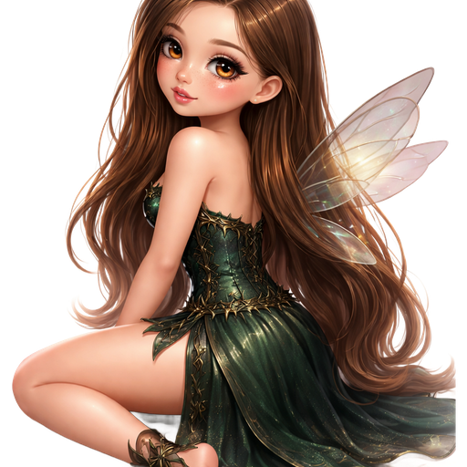 mini girl: back view sitting looking over shoulder with hair completely swept over shoulder: semi-realistic soft cartoon luxury glam, mini plush Bratz-doll aesthetic, cinematic glow, crisp clean detail, glossy glam skin. brown eyed Petite 5ft girl, fair skin with soft freckles, wide face with tall forehead, honey-brown almond wide-set upturned eyes, fluttery lashes, shimmer highlight, plush lips, bottom heavy lip, sweet Belle-princess vibe, long straight brunette hair with visible caramel highlights, side-part hair all swept to the side over shoulder softly defined feminine body, full round bust, dressed in a dark fae costume featuring a fitted emerald bodice with thorn-like embroidery, asymmetrical skirt with high side slit in deep forest green and black, translucent wing accessories. medium length hair, not too long. full body showing. Cozy romantic glow, soft warm lighting, pop-princess energy