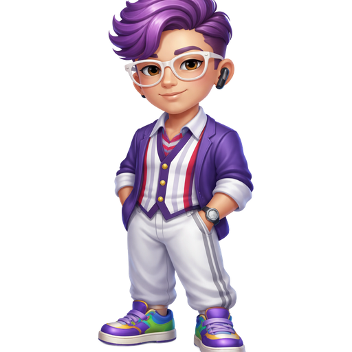 Boysenberry Mousse with a Fair-Light Cool Beige Skin Tone and Rounded Eyebrows with a Monolid Eye Shape and a Diamond Facial Structure with a Lavender and Dark Purple Undercut Swooped Hairstyle in the Shape of Mousse Wearing White Glasses and a White and Red Striped Collared Vest With Three Flat Black Buttons with a Gold Lining and a Purple Business Jacket with White Rolled Up Sleeves and a Black and Gold Bluetooth Earbud on the Left Side of His Ear Wearing White Lounging Pants with a Grey Strip Going Down the Side and Purple and Blue Hightop Sneakers with Green on one part of the Shoe and a Yellow Lining Going Around it with a Mature Adult Balanced Structure and Vivid with 3D Distinct Features and High Visual Textures in a Soft 4K Intense Polished Shine