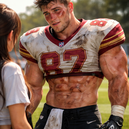 A Real life Full Body Image of a Hunky and Muscular, Handsome and Masculine Football player with Brown Spiked hair and Blue eyes and with Chunky Arms and Pecs and Stocky Body. Wearing a short football Jersey. Blushing hard with a Sunburn under his eyes cuts and bruises on his Face and Stomach. Talking to a Girl