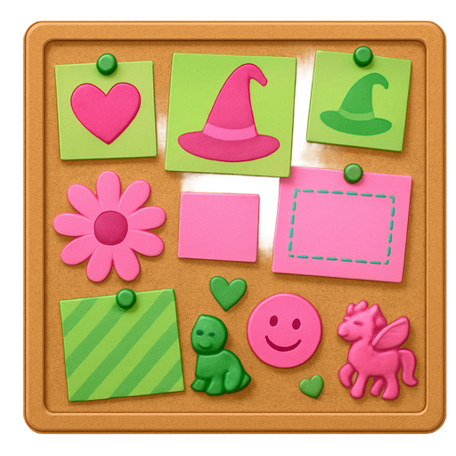 Anything from wicked pink and green on a light brown bulletin board no people!!!!!!!! lots of details post it’s ,mini toys, and more
