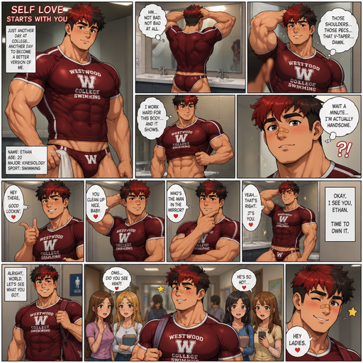 A Full page Anime Comic book story of a masculine and Bulky ANIME Cute Bara Man Who looks Normal and American 20 year old with a round facial Structure and Basic facial structure With Puffy and Big Pecs that are visible through the shirt and Biceps and Bandaid on his nose. Wearing a College Swimming Uniform and Dark Red Hair and Black Roots. Doing different poses in the bathroom and showing off his body in the mirror and finally recognizing that he’s handsome. And then Flirts with himself in the mirror. And acts like a Model. Then Leaves the bathroom and Girls start to notice him and he blushes and Winks and Ladies to them.