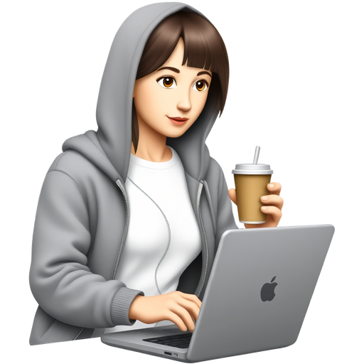 “Sticker of a female character matching the pose and camera angle of the reference photo, grey zip hoodie, white tee, typing on laptop, takeaway cup at right, simplified abstract painting motif behind, clean vector, bold outline, flat colors, soft ambient shadow, Telegram sticker style, 1:1, transparent background.”