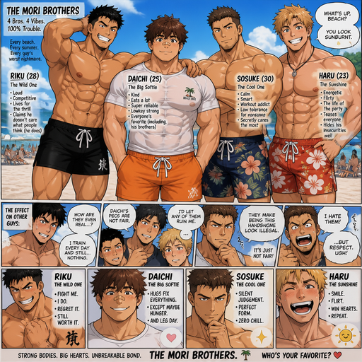 A Full Body Comic Book story view of a Bulky but Muscular ANIME Cute Bara Man With Peach toned skin Who looks Normal and round facial Structure and Basic facial structure With Puffy and Big Pecs that are visible through the shirt and Biceps and Bandaid on his nose and Brown and Strait hair. Wearing a t-shirt and shorts. Each of his 3 Manly and irresistible and cute brothers with a Hunky and Beefy physique and there all different personalities and All at the beach in swimsuits and they look cute and Hunky. And make guys jealous