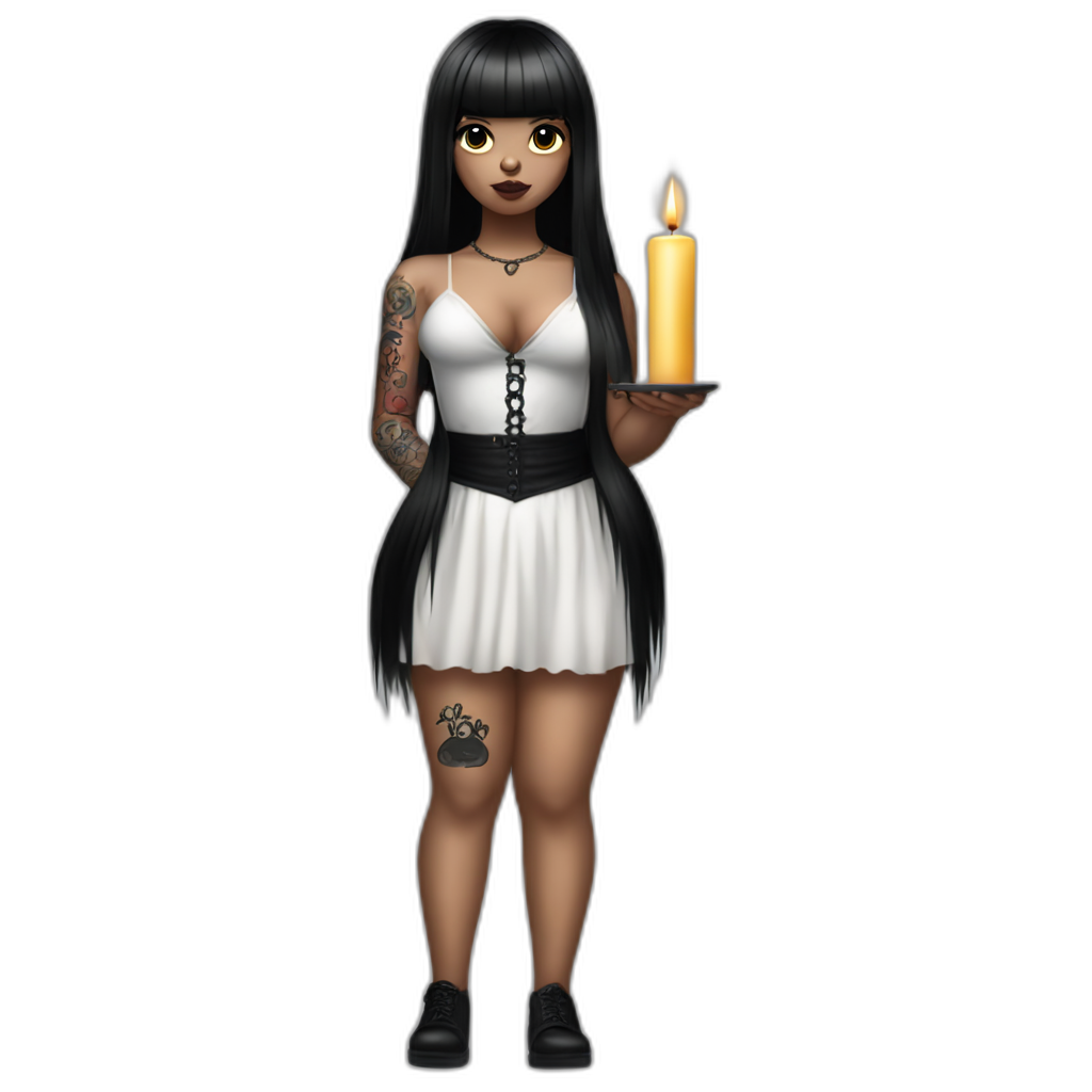 Gothic very white girl black hair long straight short bangs with sexy chubby body sexy dress body tatto holding a candle