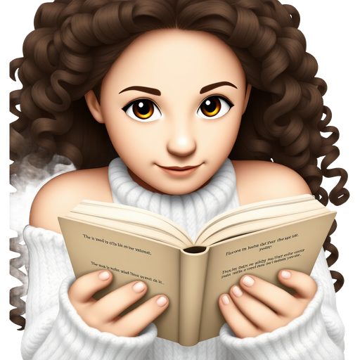 Create one white European Girl with Brown Eyes with long dark brown curly hair. She holds an open book in her hands. She wears a cozy white off shoulder sweater.