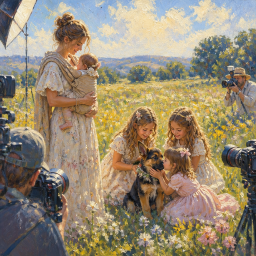 give me a mom holding her baby and the baby carrier while she’s watching her 10 year-old twin daughters in a five-year-old daughter kiss their German Shepherd and it’s a baby and they’re out on the field doing a photo shoot and there’s cameras everywhere with a sunny view