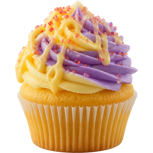 Lemonberry Cupcake with Lemon Buttercream Frosting Swirled with Blueberry Buttercream Frosting on Top Drizzled with Lemon Icing on Top and Strawberry Sugar
