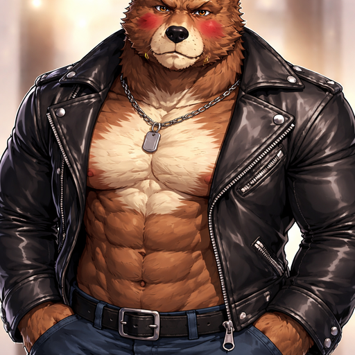 A Real Anime Full Body and Face Image of a Muscular and. VERY Masculine Bara Furry Bear with a wrestler type body dressed in A Leather Jacket. Blushing