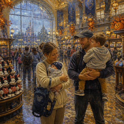 give me a mom holding her newborn son and the baby carrier and the Dad is holding the toddler boy and the parents are waiting for their two 10-year-old twin daughters and their six-year-old son and the proud daughter and their toddler girl finish shopping at the Disney gift shop and they went to Disney World during the fall and it’s kind of crowded but not that crowded and the gift shop is super super big with the rainy view