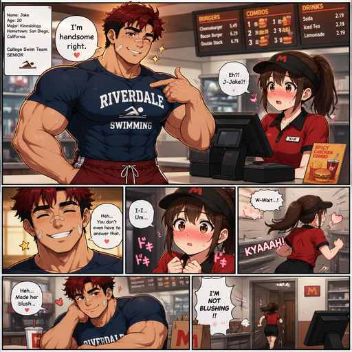 A Full page Anime Comic book story of a masculine and Bulky ANIME Cute Bara Man Who looks Normal and American 20 year old with a round facial Structure and Basic facial structure With Puffy and Big Pecs that are visible through the shirt and Biceps and Bandaid on his nose and left cheek and right eye brow. Wearing a College Swimming spirit shirt and swimming trunks and Dark Red Hair and Black Roots. At a fast food Place at the cash register flirting with the waitress at the cash register and saying I’m handsome right. And Making a Warm, cute and hot smile. She blushes and runs away