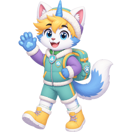 smiling cat anthro furry boy with yellow hair blue and white tail white wrists blue hands white socks yellow boots green collar blue unicorn horn based on unikitty wearing everest's hat and everest's clothing with everest's backpack