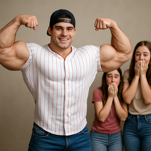 A Full view of his Body and Face Buff,Jacked and Muscular American with Huge Biceps and Pecs. In a Baseball Jersey and Jeans And Backwards Baseball Hat. Flexing and Making Girls Blush.With Brown Hair and Brown Eyes