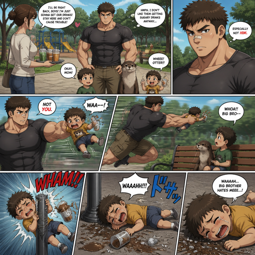 A DETAILED AND LIFELIKE ANIME Comic Book story view of a Bulky but Muscular ANIME Cute Bara Man With Peach toned skin Who looks Normal aind round facial Structure and Basic facial structure With Puffy and Big Pecs that are visible through the shirt and Biceps and Bandaid on his nose and Brown short hair that makes them look tough. Wearing normal With his pet Grown and healthy realistic otter and 2 little brothers that are in different ages but young. At the park and there mom dropped theme after getting drinks And he doesn‘t like them and picks the little brother up and fly’s to the Bench and the youngest and he doesn‘t like the youngest. And the youngest flies into the streetlight and spills his drinks everyting and lays on his Side crying