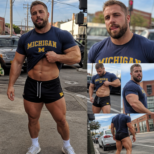 A Real life Full Body Image of a Dad with Dirty Blond hair and Brown Eyes with a Beard with Chunky Arms and Pecs with a Defined Stocky Body and And Grotesque Wrestling Body and a Tiny Waist. Wearing A School Spirit Shirt. On the Street. Licking his Teeth. Makes you blush and Lifts his shirt
