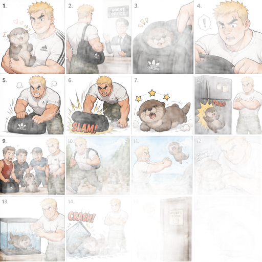 Anime Comic book story about of a Bulky ANIME Cute Bara Man American 20 year old with a ROUND and BASIC facial structure and Young Adult BARA CUTE that is Peach Toned skin not anything else MALE not to detailed With bigger than average Pecs that are visible through the shirt and Biceps and a big Bandaid on his nose. Wearing a White baggy Adidas shirt and Shorts that is tight around the waist and Baggy Camo Cargo pants drenched in sweat and Short and yellowish orange Hair and Bright Gold Fluffy Hair and Strait with brown eyes and black eyebrows with a Three finger Slash on his Eyebrow. With no Facial Hair. Taking his pet Baby CUTE Otter that can’t talk but makes sounds and he hates. He goes to an agent and Otter stows away in his bag and when he notices he closes his bag, slams his bag on the ground giving otter and the otter wakes up and immediately gets Throwing at the fridge and get bullied. And they go a hike and he run fast so otter falls behind and at the beach throws him at rock all the time. and puts a collar around him and he coughs. And the otter swims in his tank at him but he knocks it over and the otter crash’s and walks to he otter’s room and climbs in his bed and cries himself to sleep