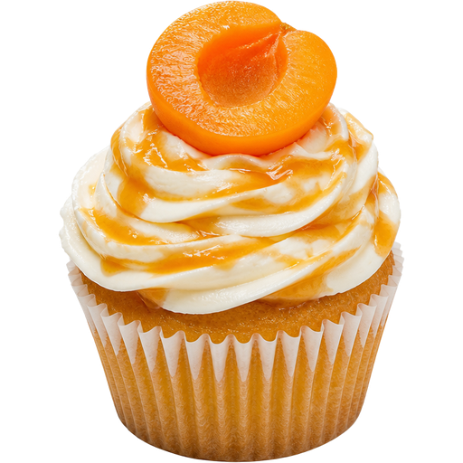 Apricot Cupcake With Vanilla Buttercream Frosting Swirled with Apricot Compote on Top and a Half Apricot on Top