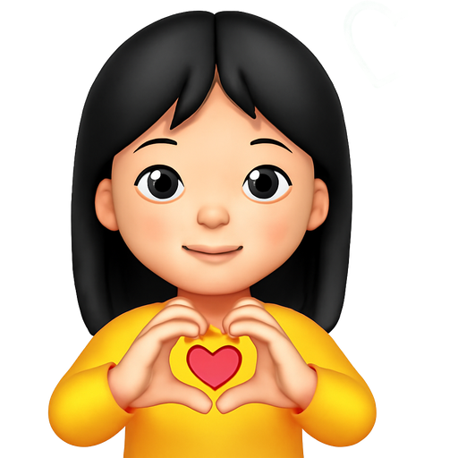 Cute girl with black hair making heart with fingers sending love outwards surrounded by many neon coloured heart outlines