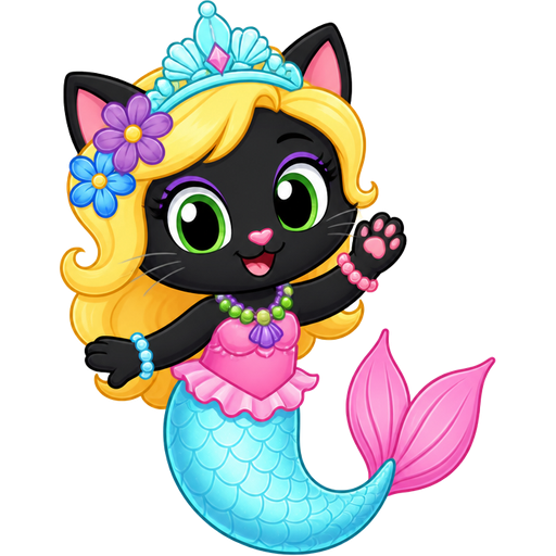 black cat with light yellow hair purple and blue flowers light cyan crown purple and green necklace pink and blue bracelets pink dress attached to long light cyan mermaid tail with pink tail fins based on spike (pony.mov)