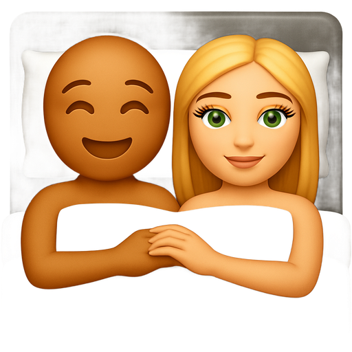 Luxe bed grey with white fluffy comforter with two emoji heads, one light brown head with eyes mouth happy other emoji natural color, tan eyes lips, eyes green for natural emoji with fake eyelashes, laying in bed, holding hands together